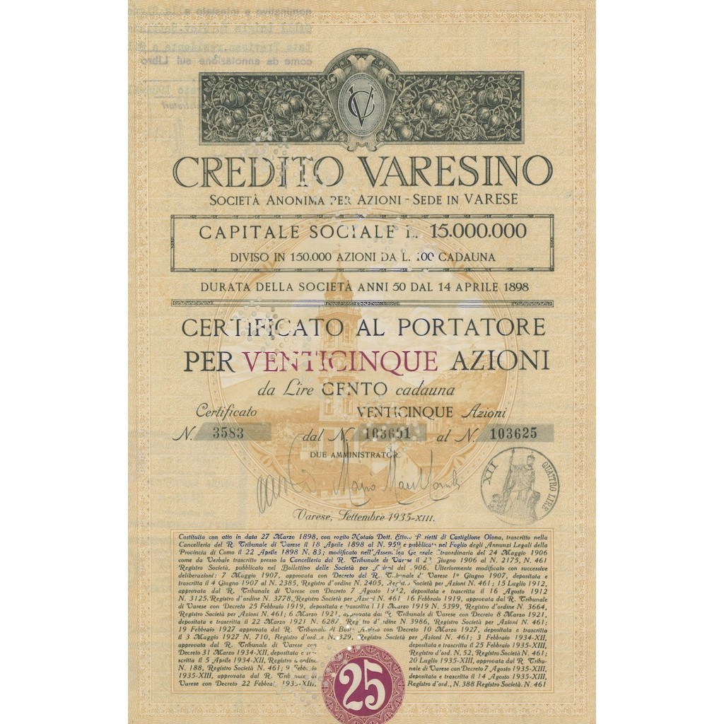 CREDITO VARESINO - 25 AZIONI - VARESE 1935