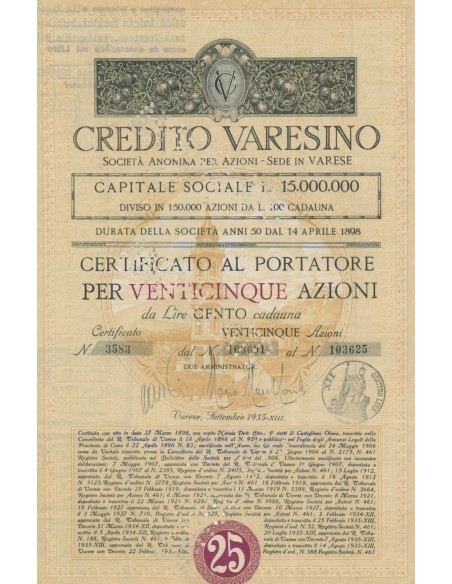 CREDITO VARESINO - 25 AZIONI - VARESE 1935