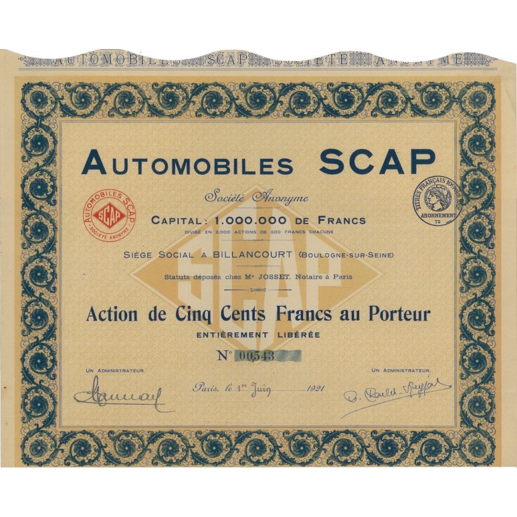 AUTOMOBILES SCAP - 1 AZIONE DI 500 FRANCHI - 1921