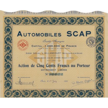 AUTOMOBILES SCAP - 1 AZIONE DI 500 FRANCHI - 1921
