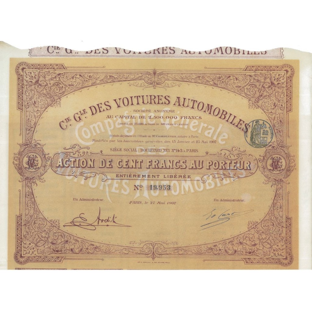 C.IE G.LE DES VOITURES AUTOMOBILES - 1 AZIONE - 1907