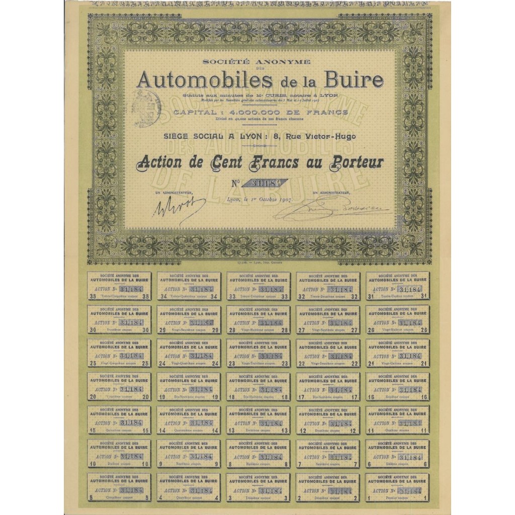 SOC. ANON. AUTOMOBILES DE LA BUIRE - 1 AZIONE DI 100 FRANCHI 1907