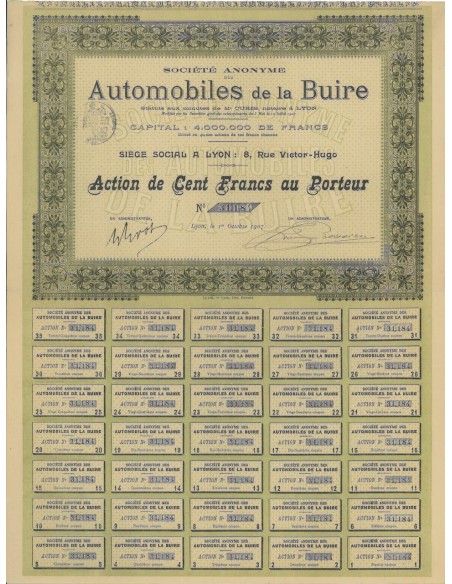 SOC. ANON. AUTOMOBILES DE LA BUIRE - 1 AZIONE DI 100 FRANCHI 1907