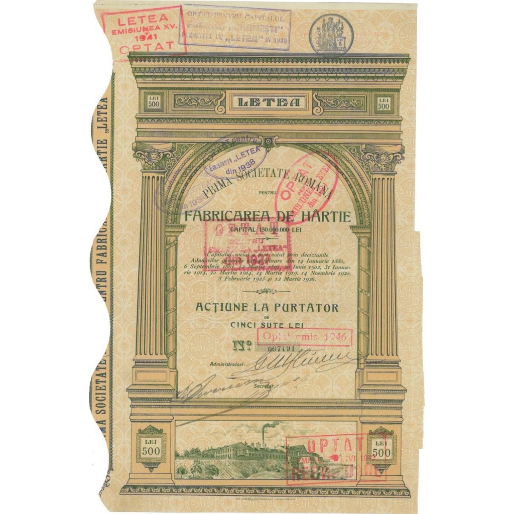 LETEA PRIMA SOC. ROMANA FABRICAREA DE HARTE - 1 AZIONE 1927