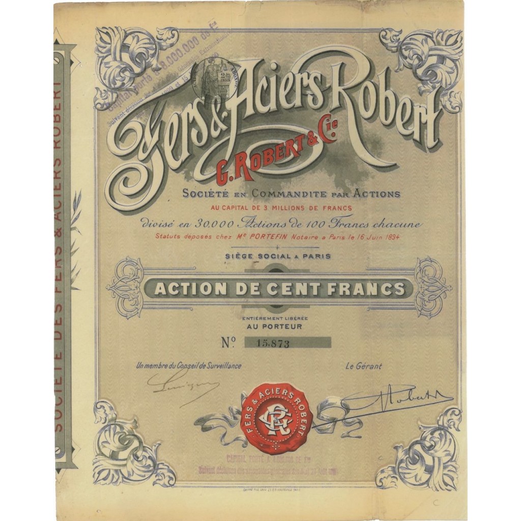 SOC. DE FERS AE ACIERS ROBERT - 1 AZIONE - 1894