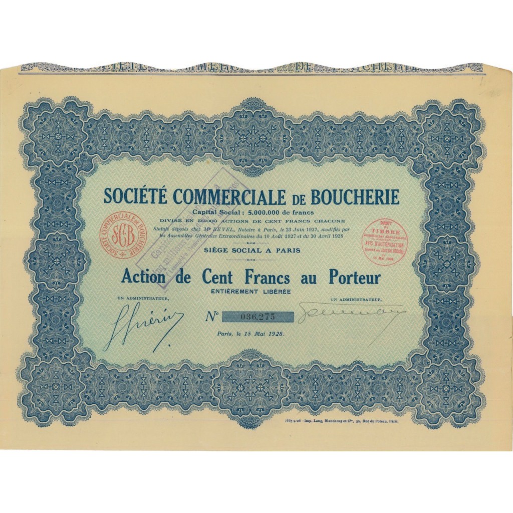 SOC. COMMERCIALE DE BOUCHERIE - 1 AZIONE - 1928