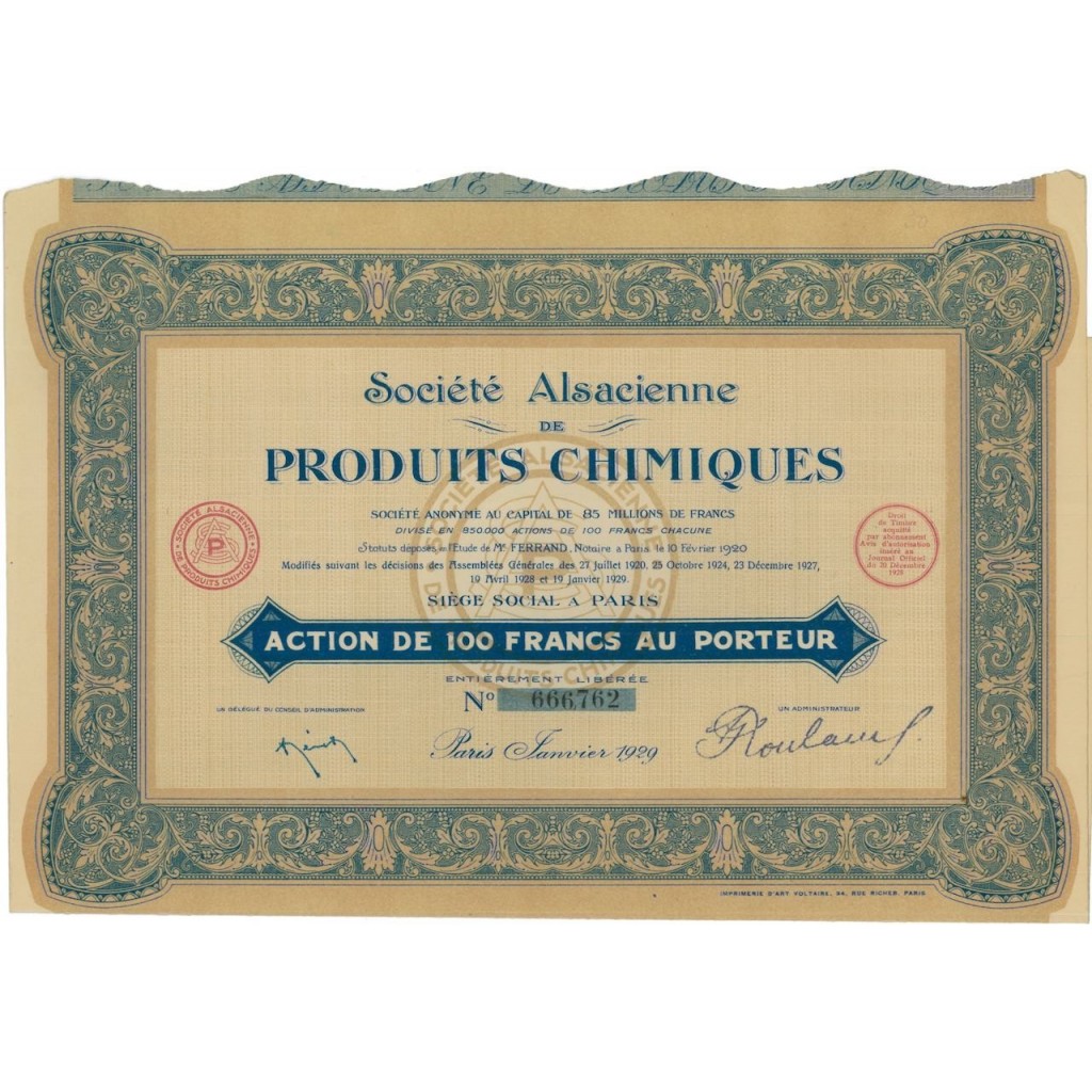 SOC. ALSACIENNE DE PRODUITS CHIMIQUES - 1 AZIONE - 1929