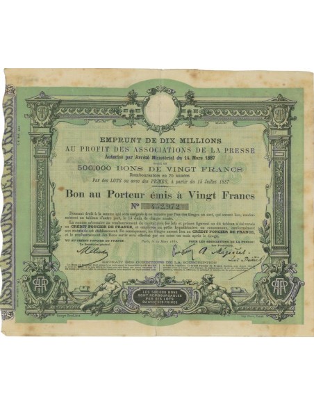 ASSOCIATIONS DE LA PRESSE - BUONO DA 500 FRANCHI - 1887