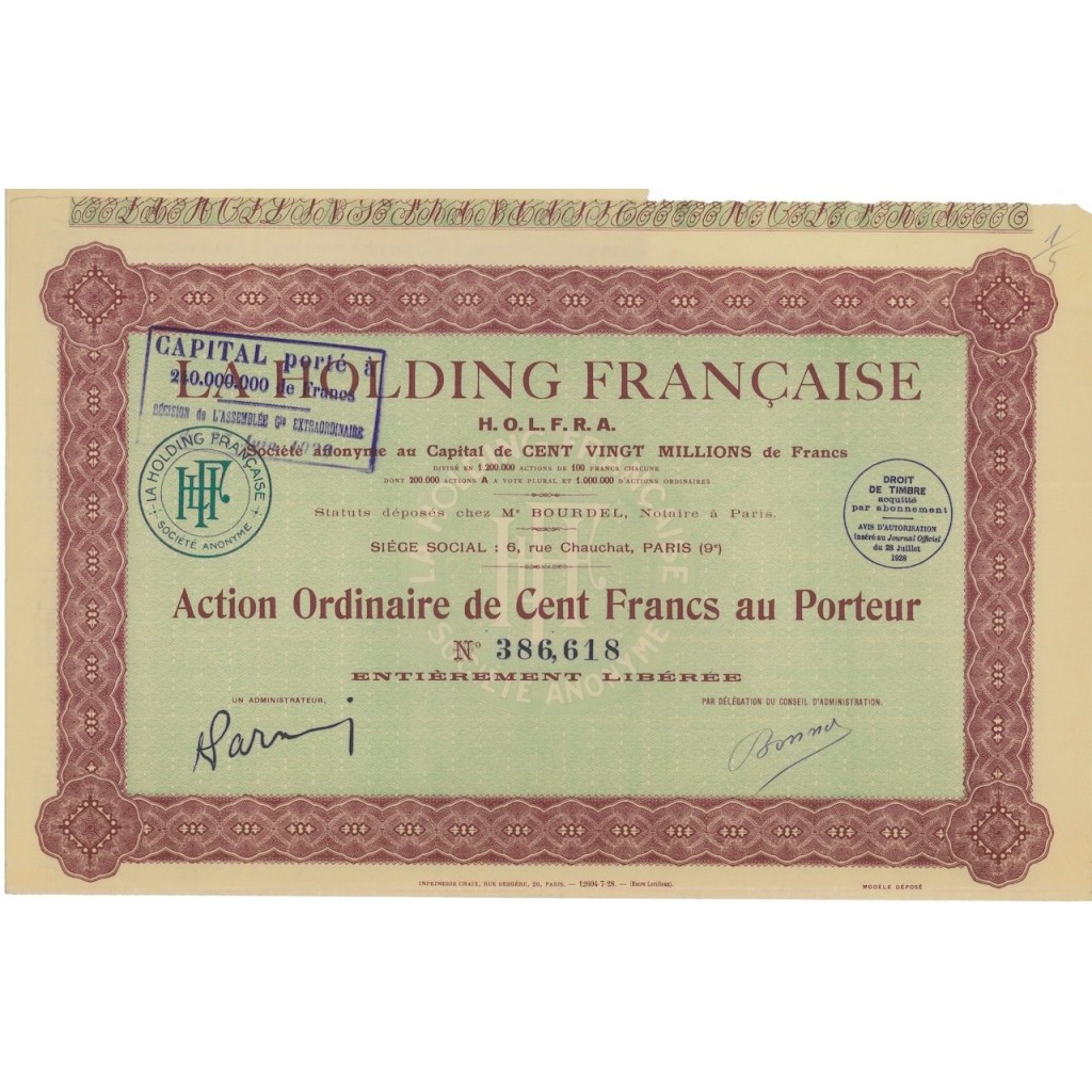 LA HOLDING FRANCAISE H.O.L.F.R.A. - 1 AZIONE - 1928
