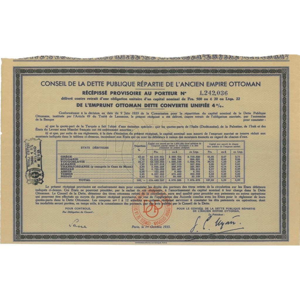 EMPRUNT OTTOMAN DETTE CONVERTIE UNIFIEE 4 PER CENT - 1933