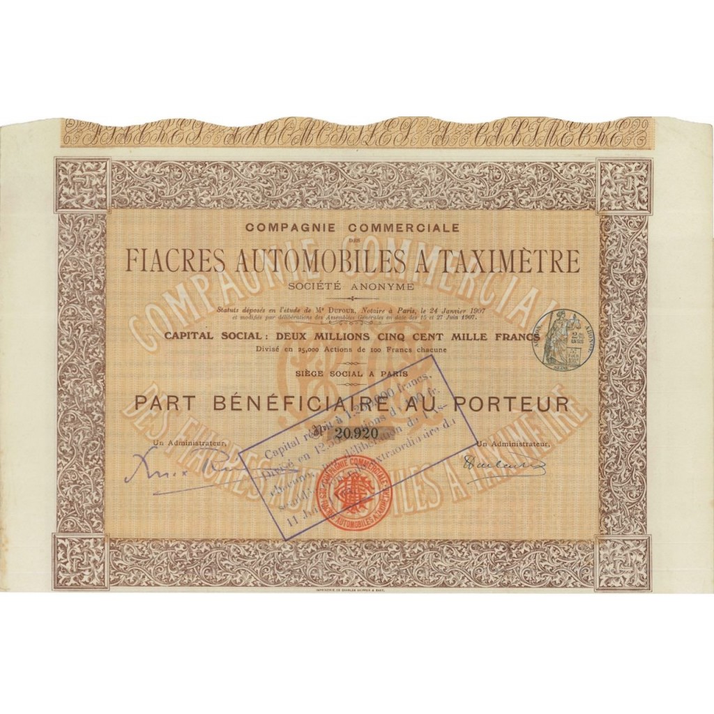 COMP. FIACRES AUTOMOBILES A TAXIMETRE PARTE DI AZIONE - 1907