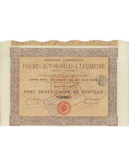 COMP. FIACRES AUTOMOBILES A TAXIMETRE PARTE DI AZIONE - 1907