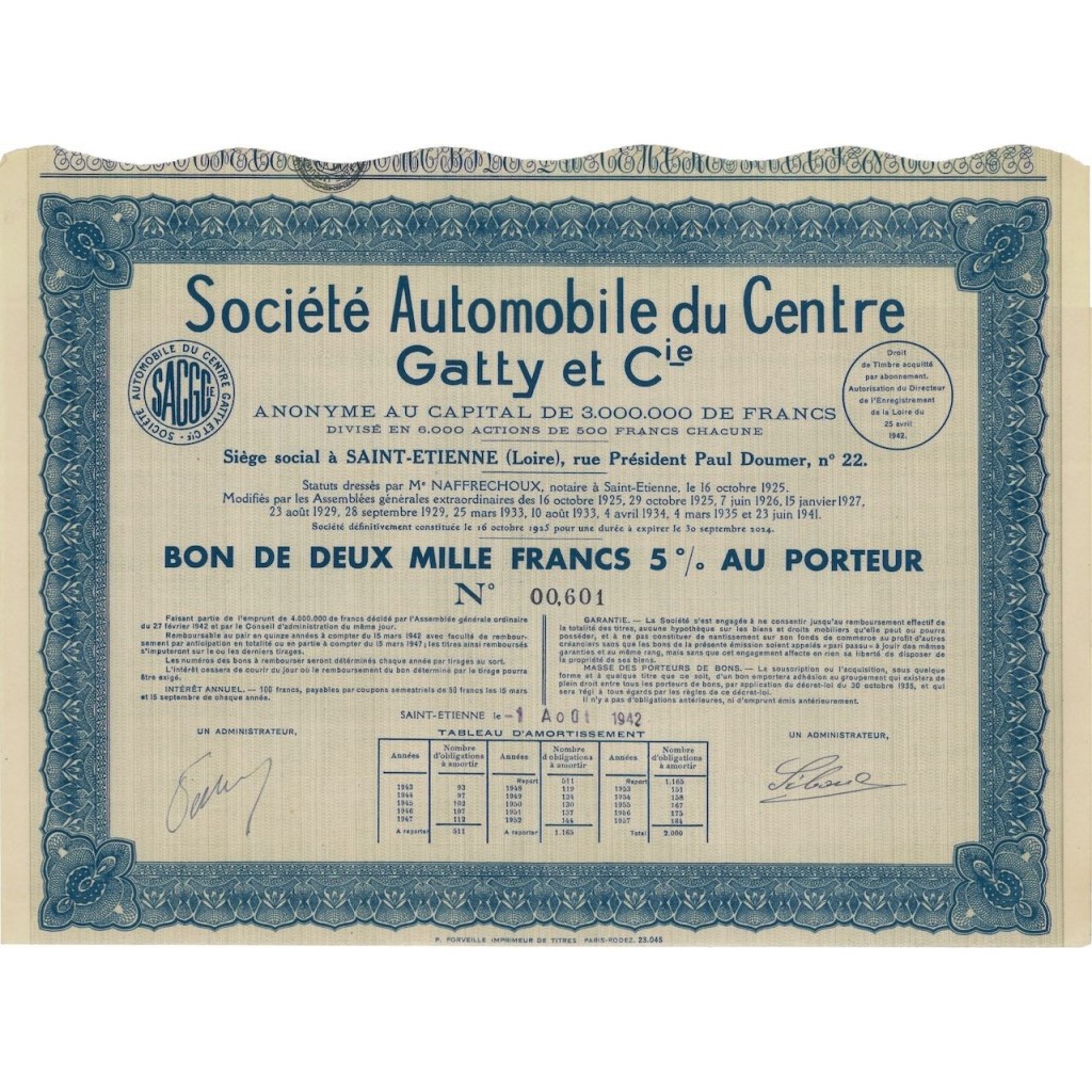SOC. AUTOMOBILR DU CENTRE GATTY ET CIE. BUONO 1000 FRANCHI 1942