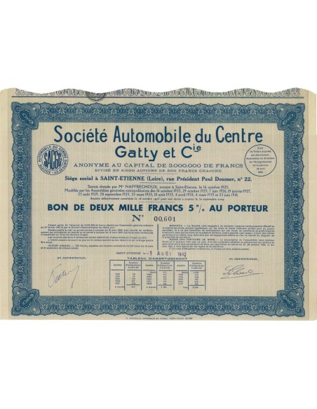 SOC. AUTOMOBILR DU CENTRE GATTY ET CIE. BUONO 1000 FRANCHI 1942