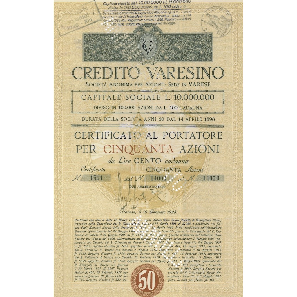 CREDITO VARESINO - 50 AZIONI - VARESE 1928