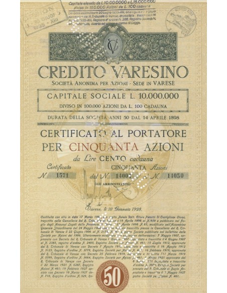 CREDITO VARESINO - 50 AZIONI - VARESE 1928