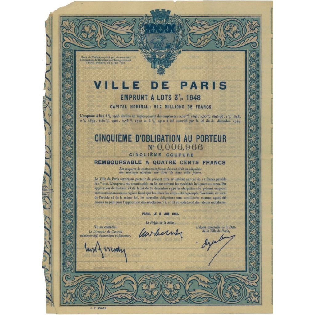 VILLE DE PARIS - QUINTO DI OBBLIGAZIONE - 1948