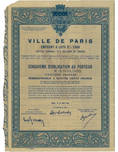 VILLE DE PARIS - QUINTO DI OBBLIGAZIONE - 1948