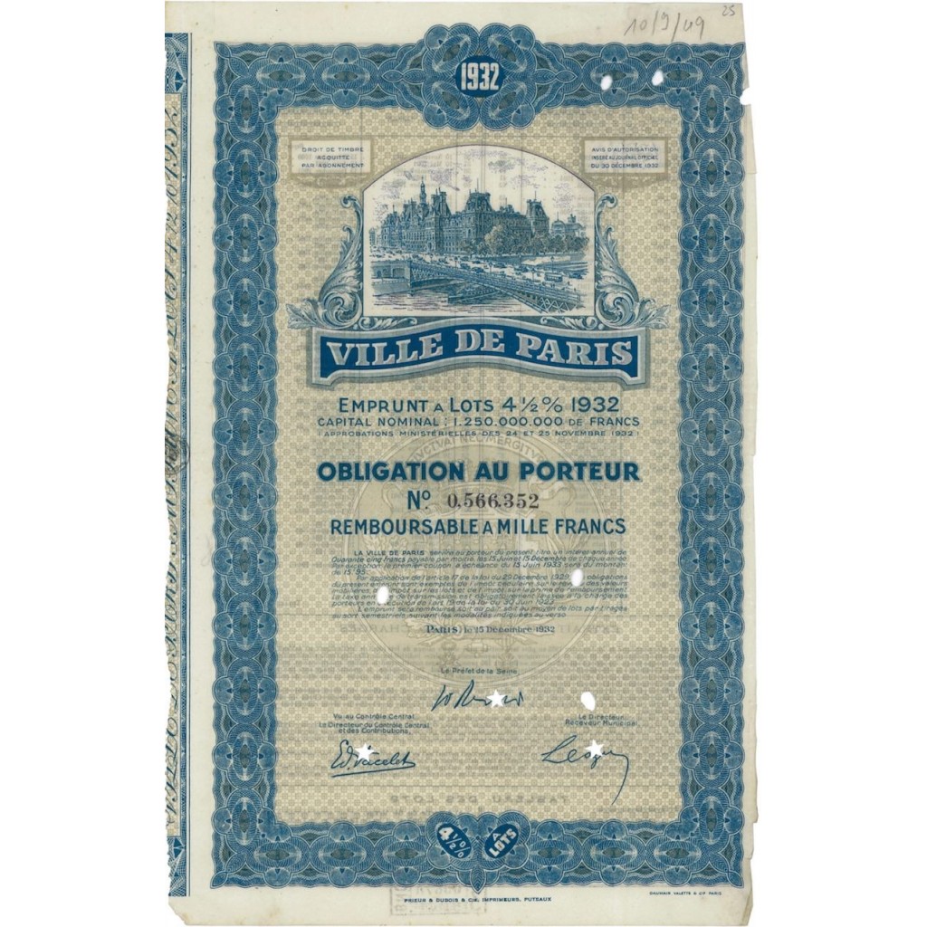VILLE DE PARIS - 1 OBBLIGAZIONE - 1932
