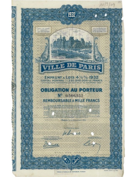 VILLE DE PARIS - 1 OBBLIGAZIONE - 1932