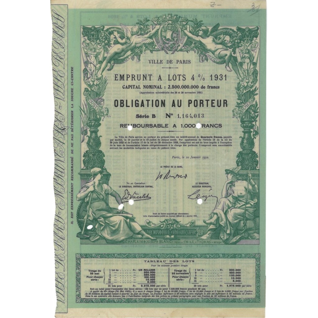 VILLE DE PARIS - 1 OBBLIGAZIONE - 1932