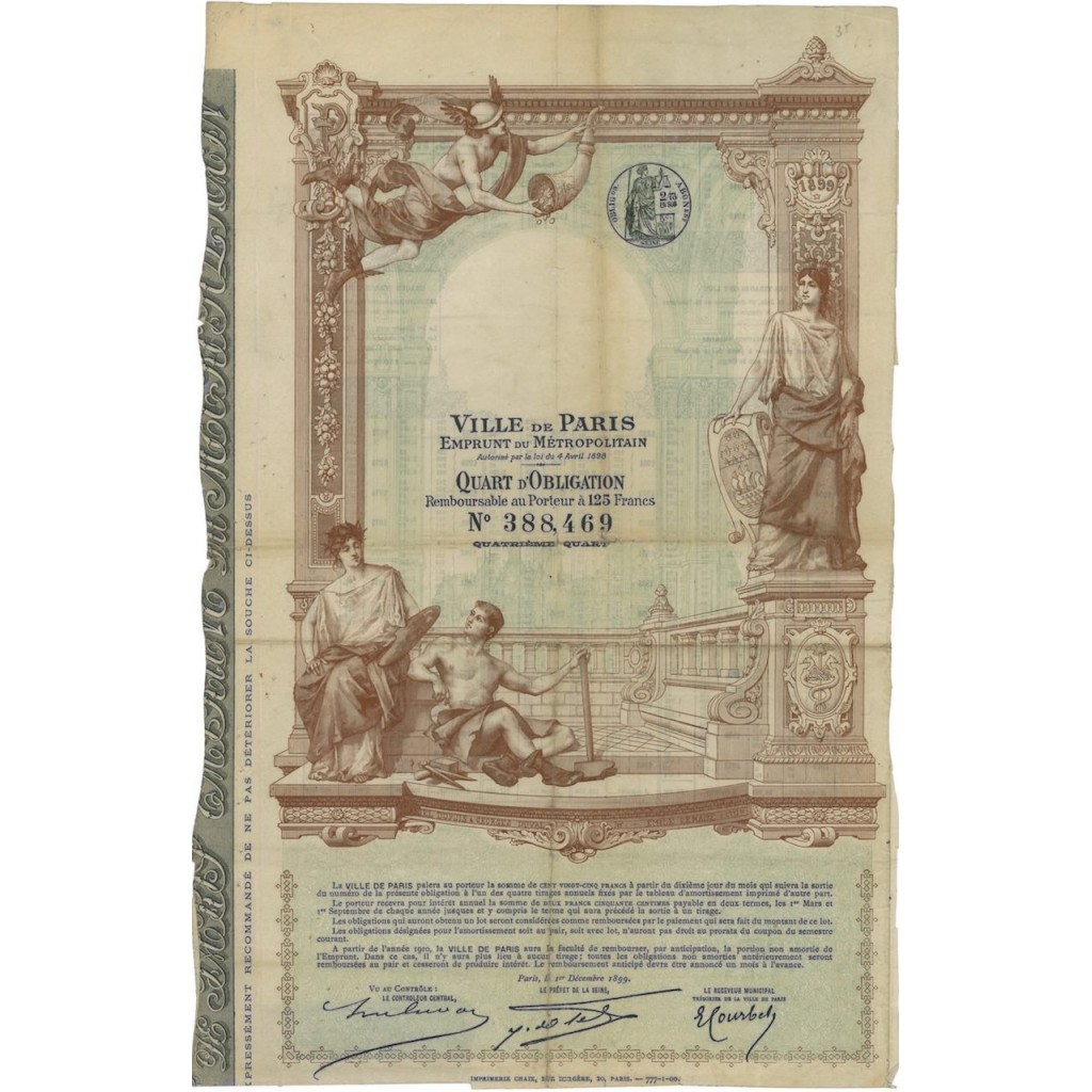VILLE DE PARIS - QUARTO DI OBBLIGAZIONE 1899