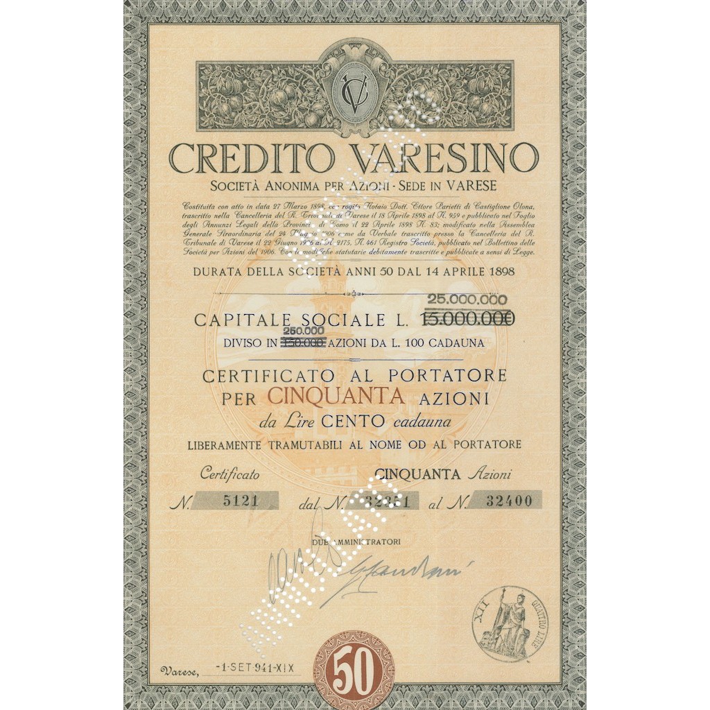 CREDITO VARESINO 50 AZIONI CAP. SOCIALE 25000000 - VARESE 1941