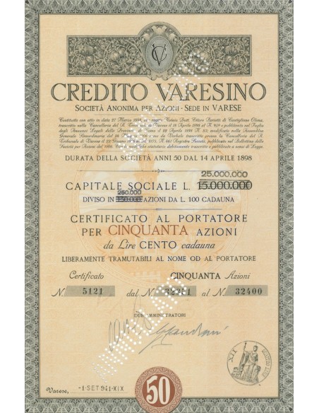 CREDITO VARESINO 50 AZIONI CAP. SOCIALE 25000000 - VARESE 1941