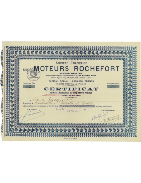 SOC. FRANCAISE DES MOTEURS ROCHEFORT - 40 AZIONI - 1927