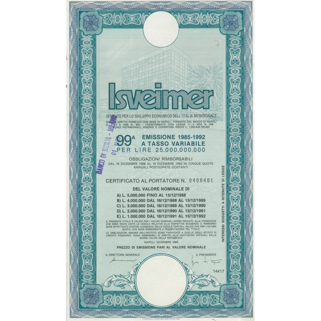 ISVEIMER - Certificato al portatore 99^ emis.1985-1992 colore blu