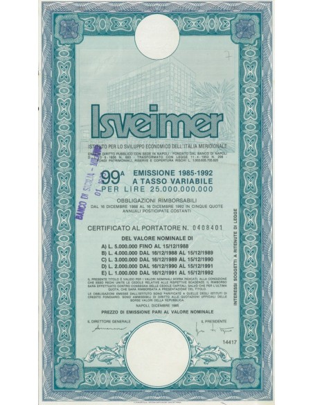 ISVEIMER - Certificato al portatore 99^ emis.1985-1992 colore blu