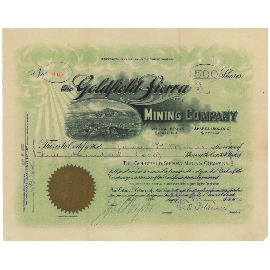 THE GOLDFIELD SIERRA MINING COMPANY - 500 AZIONI - 1905