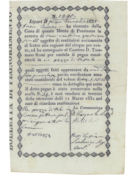 MONTE DI PRESTANZA DEL MONTE DI PIETA' DI LIPARI - 1838