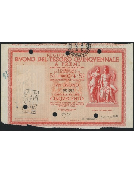 BUONO DEL TESORO QUINQUENNALE - SERIE C4 ROMA 1945