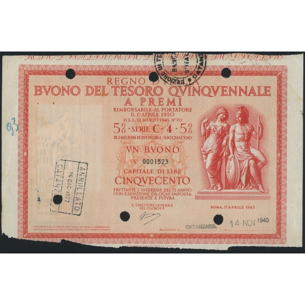 BUONO DEL TESORO QUINQUENNALE SERIE C4 ROMA 1945