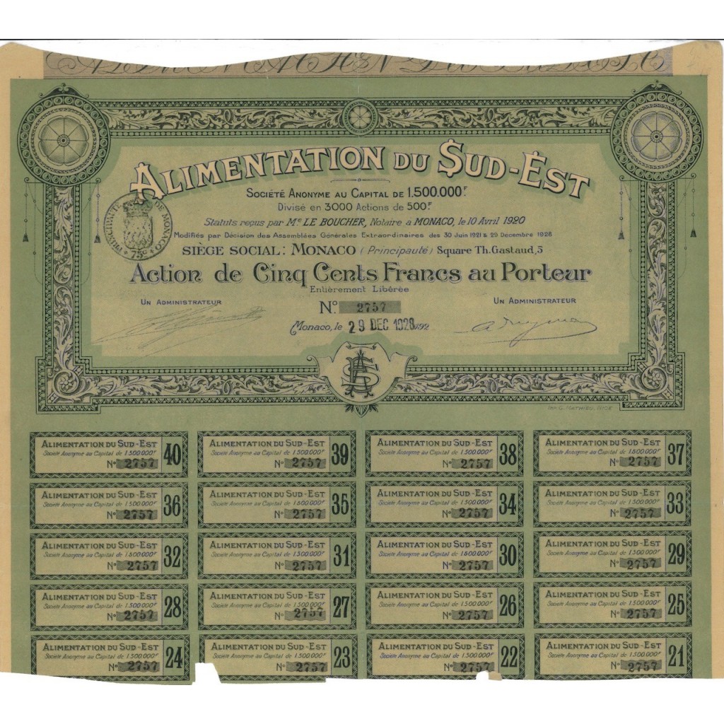 ALIMENTATION DU SUD-EST - 1 AZIONE DA 500 FRANCHI 1928