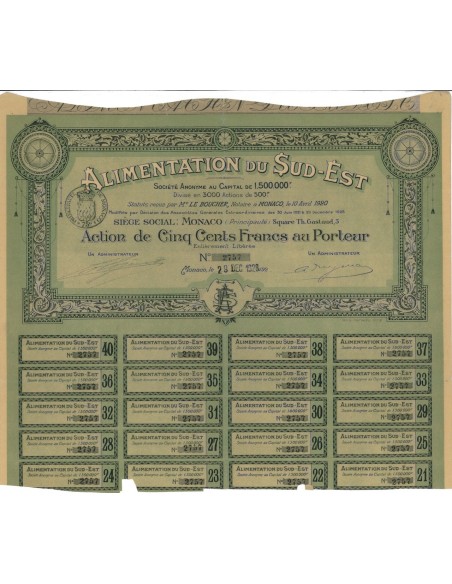 ALIMENTATION DU SUD-EST - 1 AZIONE DA 500 FRANCHI 1928