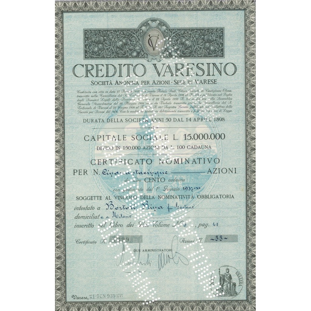 CREDITO VARESINO - 55 AZIONI VARESE 1938