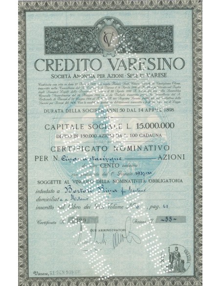 CREDITO VARESINO - 55 AZIONI VARESE 1938