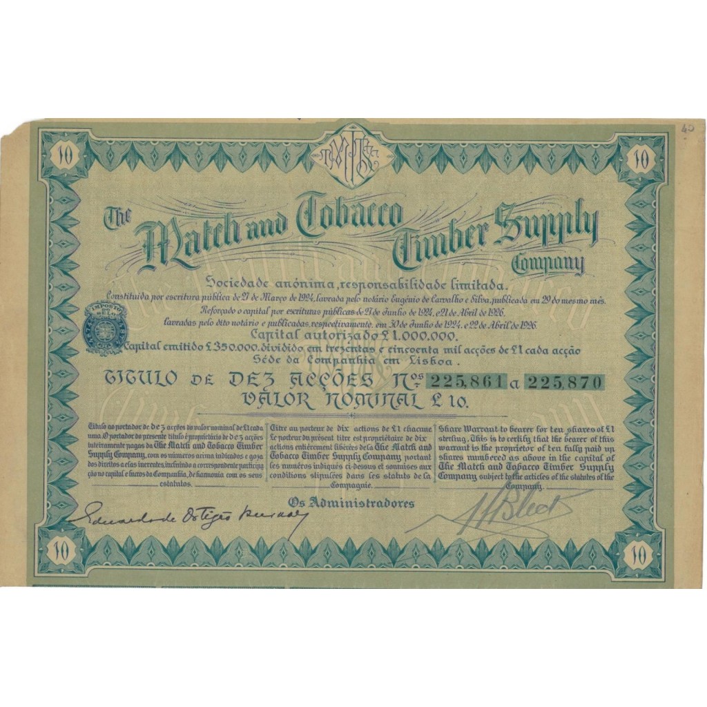 THE MATCH AND TOBACCO TIMBER SUPPLY COMPANY 10 AZIONI 1926