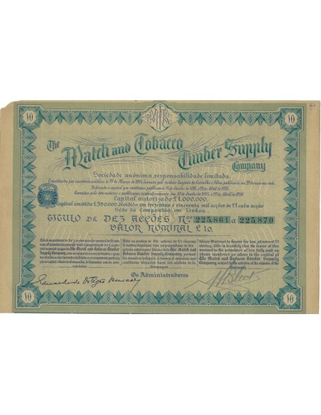 THE MATCH AND TOBACCO TIMBER SUPPLY COMPANY 10 AZIONI 1926