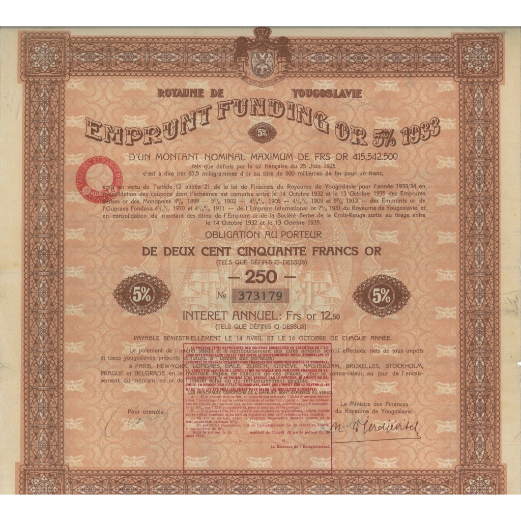 ROYAUME DE YOUGOSLAVIE EMPRUNT FUINDING 5 PER CENT - 1933