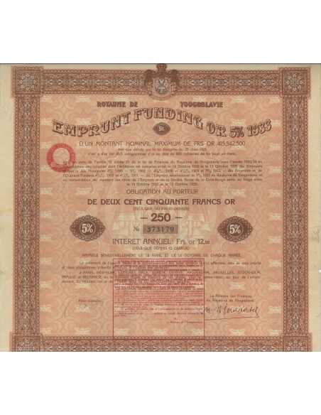 ROYAUME DE YOUGOSLAVIE EMPRUNT FUINDING 5 PER CENT - 1933