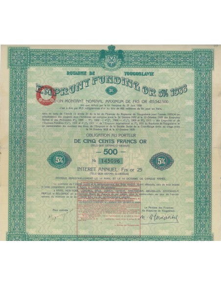 ROYAUME DE YOUGOSLAVIE EMPRUNT FUINDING OR 5 PER CENT - 1933
