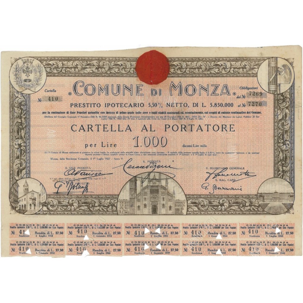 COMUNE DI MONZA - CARTELLA DA 1000 LIRE - MONZA 1927