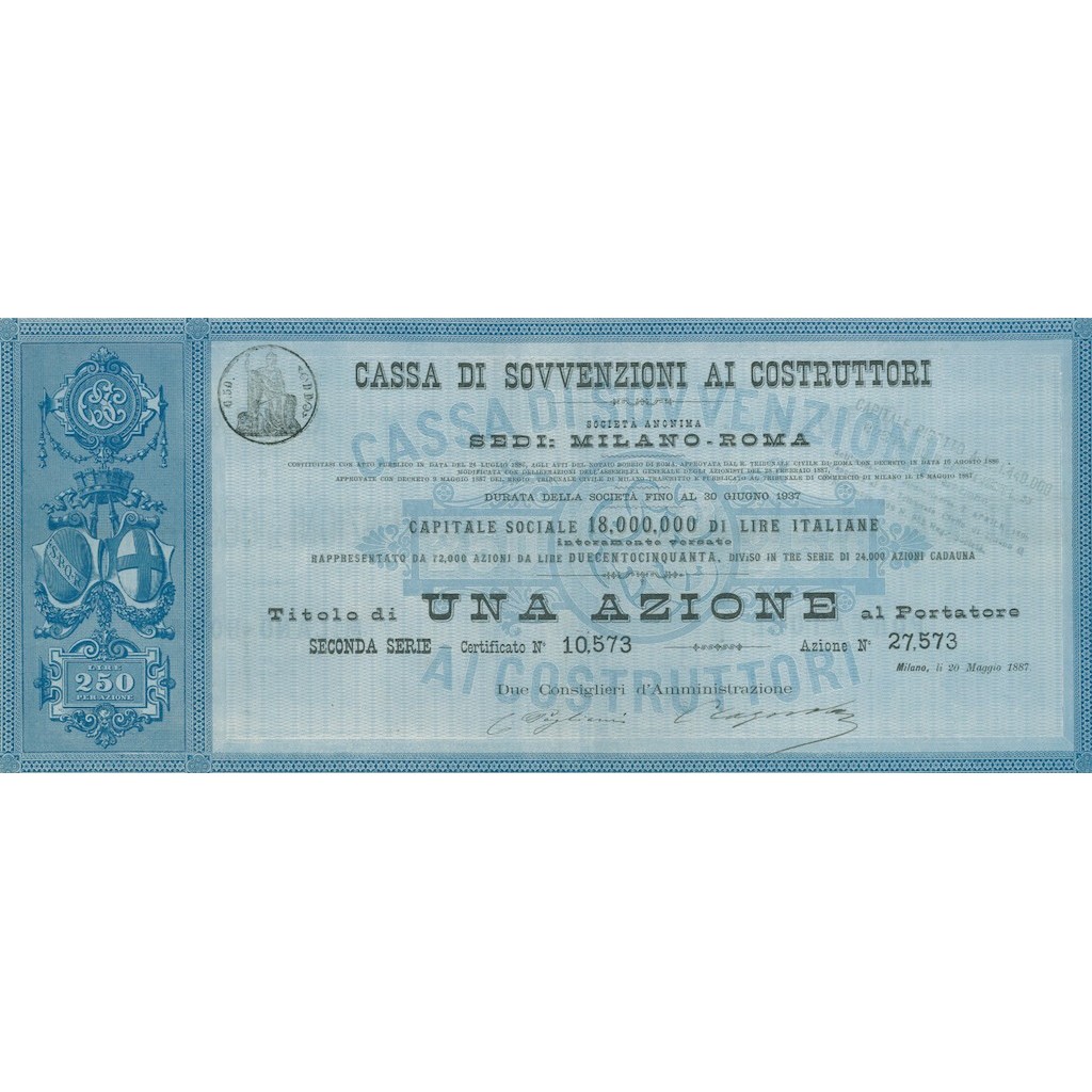 CASSA DI SOVVENZIONE AI COSTRUTTORI UNA AZIONE MILANO 1887