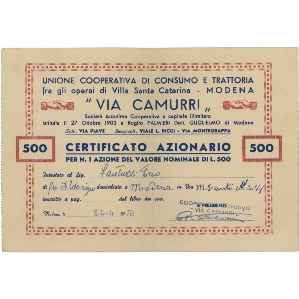 UNIONE COOP. DI CONSUMO VIA CAMURRI - 1 AZIONE - 1950