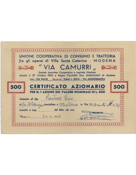 UNIONE COOP. DI CONSUMO VIA CAMURRI - 1 AZIONE - 1950