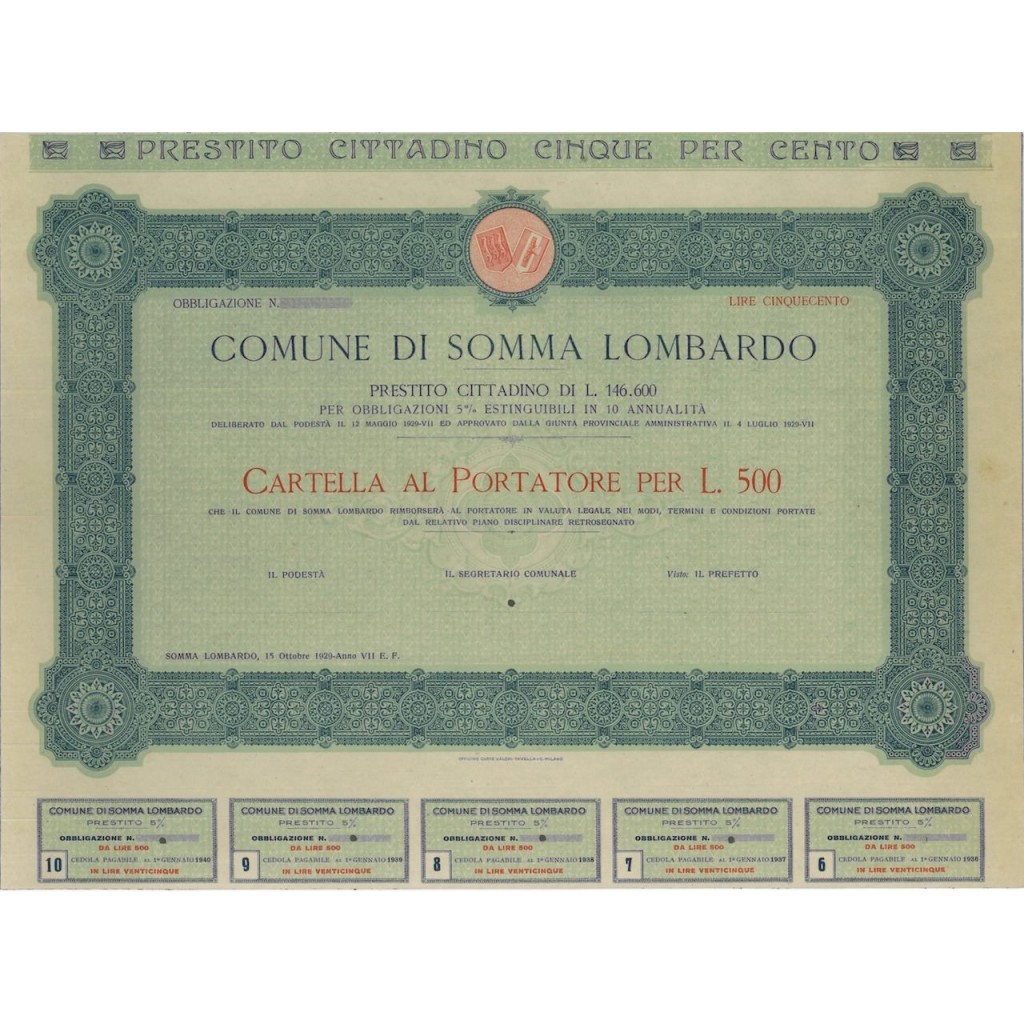 COMUNE DI SOMMA LOMBARDO - CARTELLA PER LIRE 500 - 1929