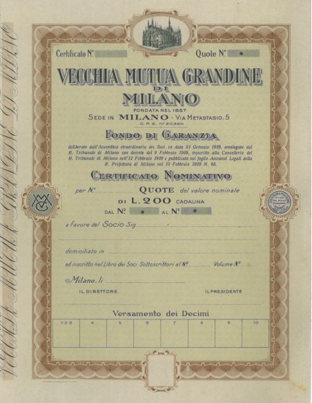 VECCHIA MUTUA GRANDINE DI MILANO - QUOTE - 1929